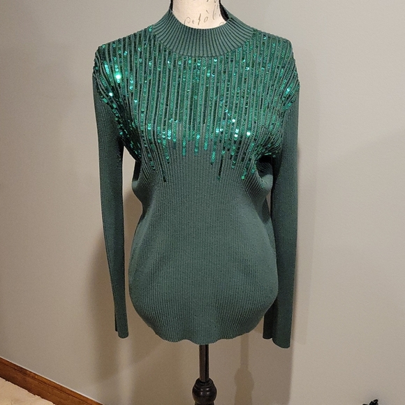 Ashley Stewart Tops - 🎉🎉11xHP🎉🎉Sequined green ribbed shirt.  18/20